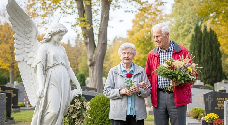 A couple stands in a cemetery