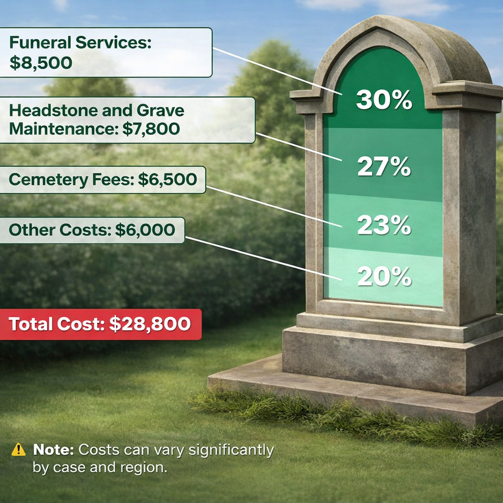 Infographic: Average funeral costs in Australia with four cost blocks. Funeral director services: $3,850, Headstone and grave care: $3,500, Cemetery fees: $3,000, Other costs: $2,650. Total: $13,000. Note: Costs can vary greatly depending on the case and region.